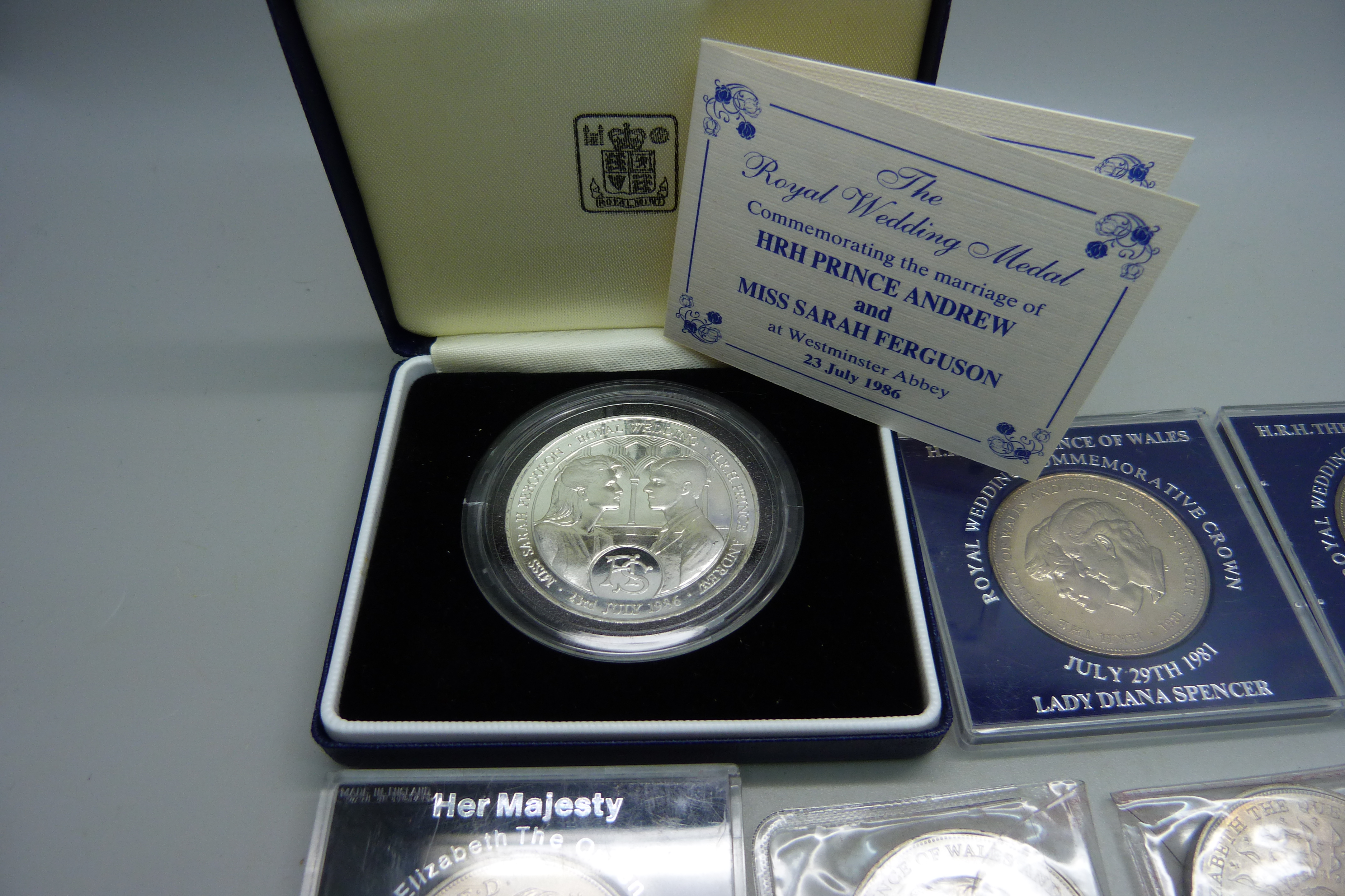 A silver proof 1986 Prince Andrew and Sarah Ferguson Royal Wedding medallion, 37g, and six crowns - Image 2 of 5
