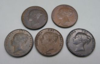 Five Victorian one penny coins, 1841, 1853, 1854, 1855 and 1857