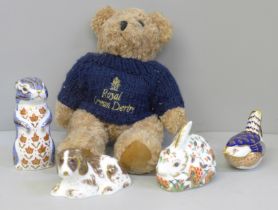 Four Royal Crown Derby paperweights, two with gold stoppers, two with silver stoppers and a Teddy