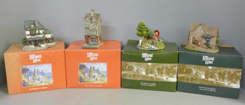 Four Lilliput Lane houses, The Right Note, Traveller's Rest, Bookshop and Haberdashery, boxed, two