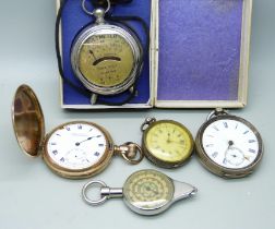 Three pocket watches including two silver, all a/f, a rolling map measure and a cased voltmeter