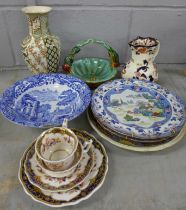 A box of decorative china, Mason's Applique vase, Mandalay jug, Spode's Italian bowl, a pair of