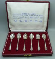 A cased set of six silver spoons with rattail pattern, each hallmarked from a different assay