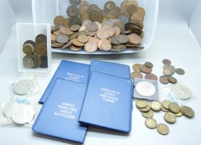 A mixed box of coins, pennies, farthings, foreign, etc.