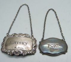 Two silver decanter labels, whisky and port, 22g