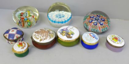 Three glass paperweights and six trinket boxes