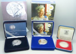 Three silver crowns; Royal Mint silver proof Victorian Anniversary crown; 2002 Golden Jubilee and