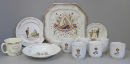 A Royal Doulton Nurseryware bowl and two plates, a modern Bunnykins mug, a Queen Victoria