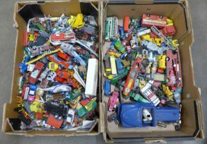 Two boxes of Dinky, Corgi, Matchbox and Lesney die-cast model vehicles, playworn **PLEASE NOTE