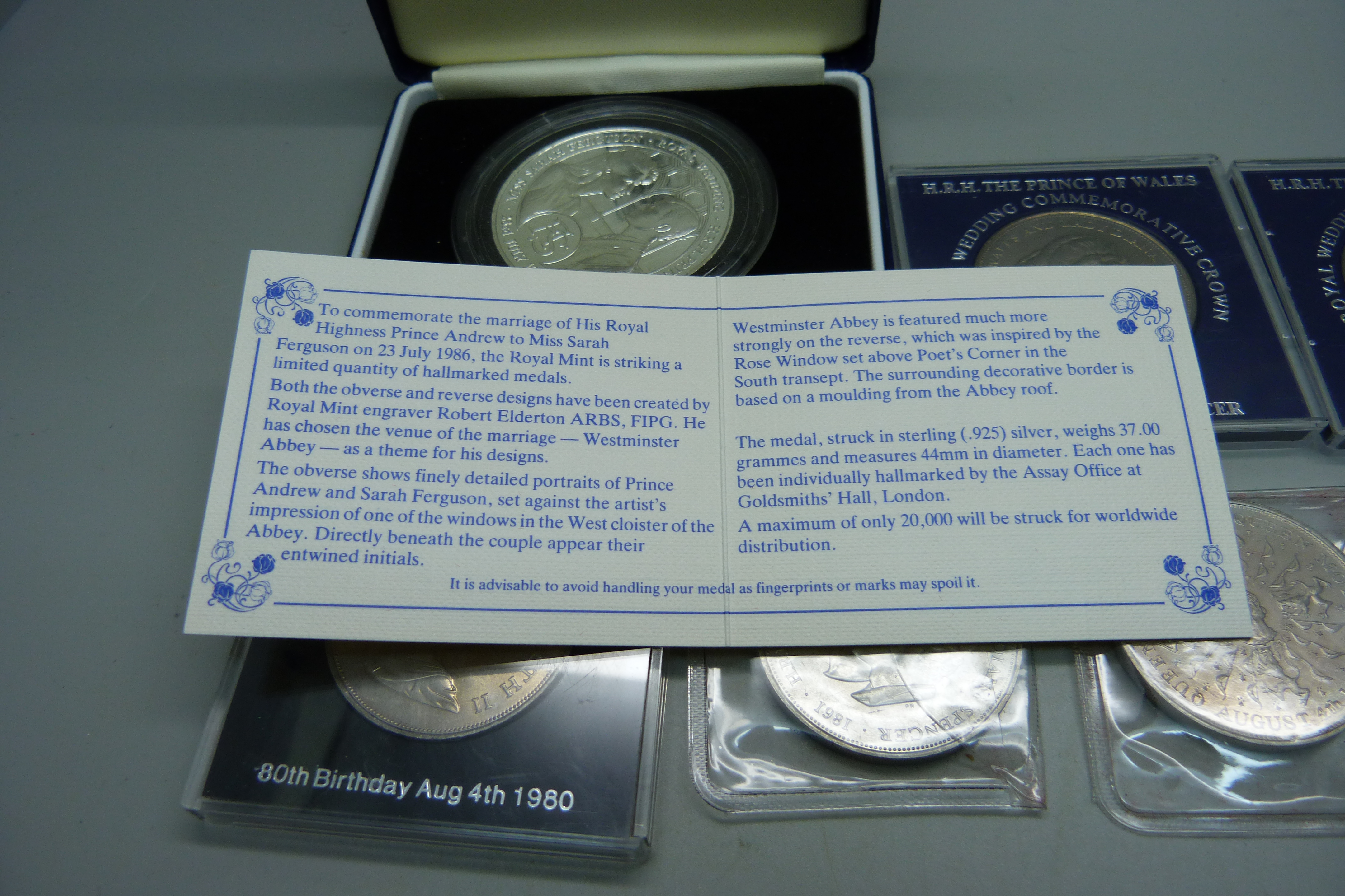 A silver proof 1986 Prince Andrew and Sarah Ferguson Royal Wedding medallion, 37g, and six crowns - Image 5 of 5