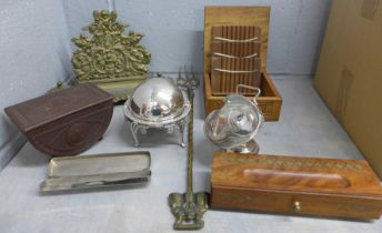 A mixed lot, including four wood and Bakelite boxes, china thimbles, a brass letter rack and