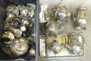 A collection of silver plated items including a gallery tray, teapots, cutlery, etc. **PLEASE NOTE