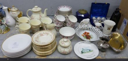 Two boxes of mixed china, part dinner services, Derby Posies vase and pin dish, etc. **PLEASE NOTE