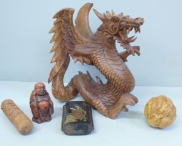 A Chinese carved zodiac ball netsuke, Japanese three section hand painted box, a carved letter