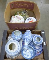 Two boxes of mixed china including blue and white oriental, a box of china and enamel thimbles,