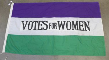 A reproduction Suffragettes Votes For Women flag, 90cm x 152cm, marked W. S. P. U. and Leith 1912