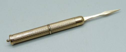 A 9ct gold tooth pick, 6.8g