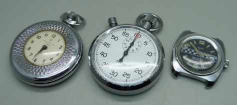 A Timex Grand Prix wristwatch head, a Mentor stop watch and an Ingersoll pocket watch