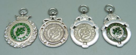 Four silver cycling fobs, Broad Oak Road Club, all with inscriptions, 34g