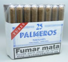A sealed pack of twenty-five Palmeros cigars