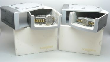 A pair of lady's and gentleman's Longines Conquest Titanium wristwatches, cased, (gentleman's with