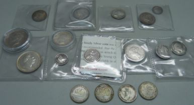 A collection of silver coins; 1763 3d, 1800 1d, 1838 1½d, 1836 four pence, 1839 four pence, 1838