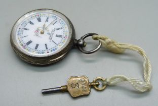 A .935 silver fob watch with enamel dial marked Kay & Company, Worcester, with key