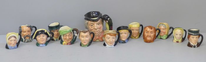 Thirteen Royal Doulton miniature Toby jugs and one small Toby jug