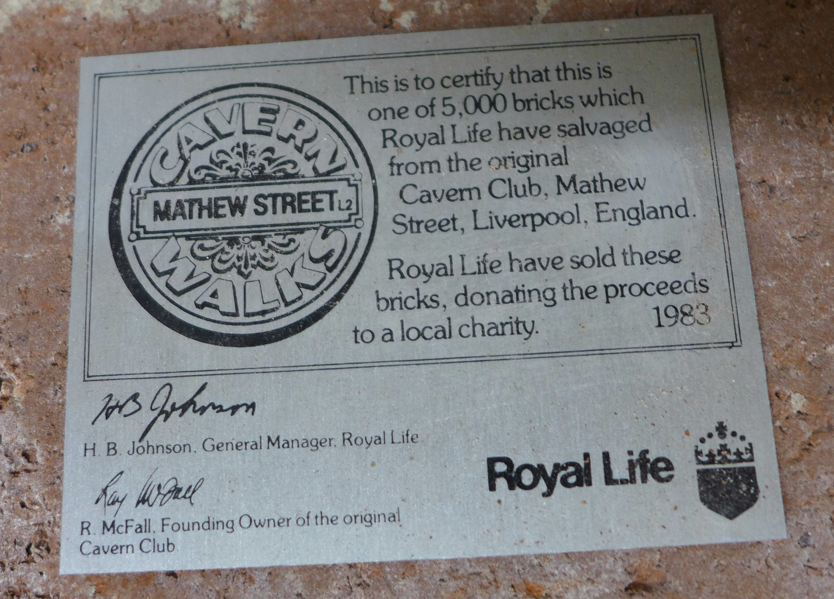 Beatles interest; an original limited edition brick salvaged from The Cavern Club, 1983 with metal - Image 2 of 2