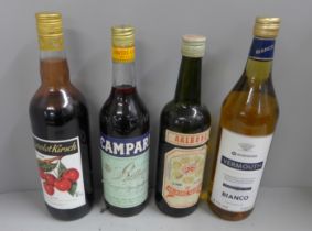 Four bottles; Vermouth Biano, Campari, Aalborg Akvavit and Guignolet Kirsch **PLEASE NOTE THIS LOT