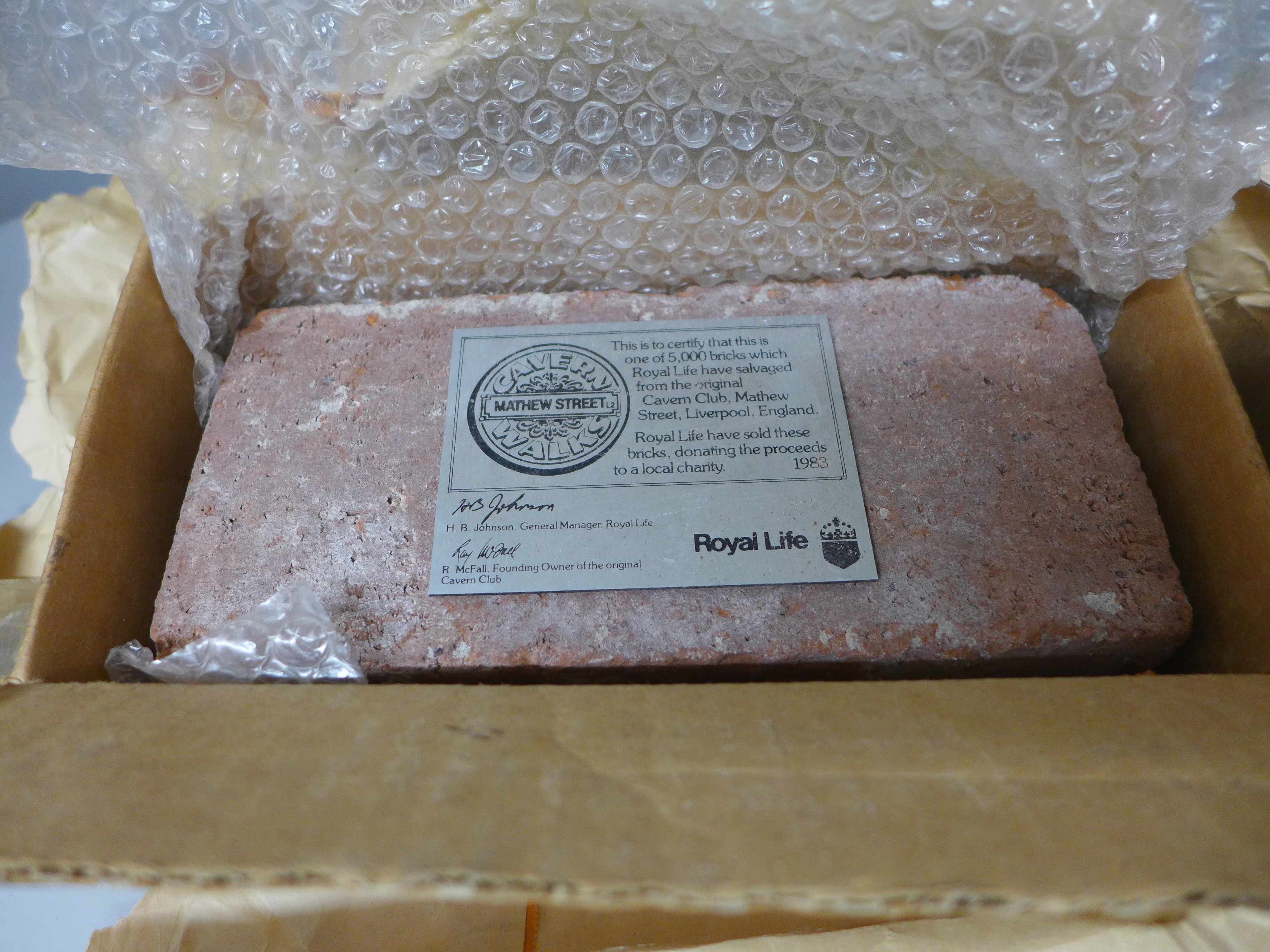Beatles interest; an original limited edition brick salvaged from The Cavern Club, 1983 with metal