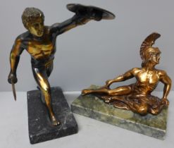Two cast metal models of gladiators on marble plinths