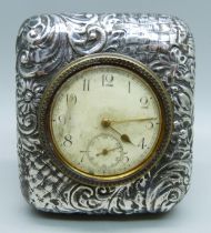 A silver fronted travel clock, Birmingham 1900, 77mm x 65mm