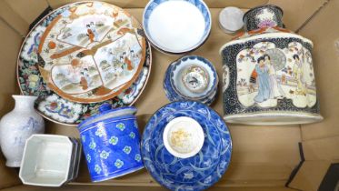 A collection of Chinese and Japanese porcelain, rice bowls, tea cannister, plates, etc.