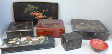 Five lacquered boxes, one a/f, a tray and small bowl