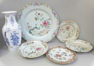 A Chinese export famille rose charger and four dishes/plates, three plates repaired and a modern