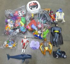A box of mixed retro 1980s, 1990s, 2000s toys; action figures and toys, Batman, Toy Story, Disney,
