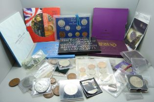 Coins; UK coin sets, commemorative crowns and other coins including 1935 and 1937 crowns