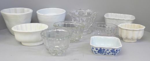 A collection of glass and ceramic early 20th Century jelly/blancmange moulds and a glass dish **