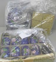 Cloisonne eggs and stands and six cloisonne boxes