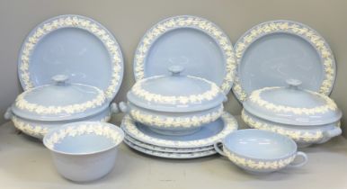 A collection of Wedgwood of Etruria embossed Queen's Ware blue and white vine dinner and tea ware,