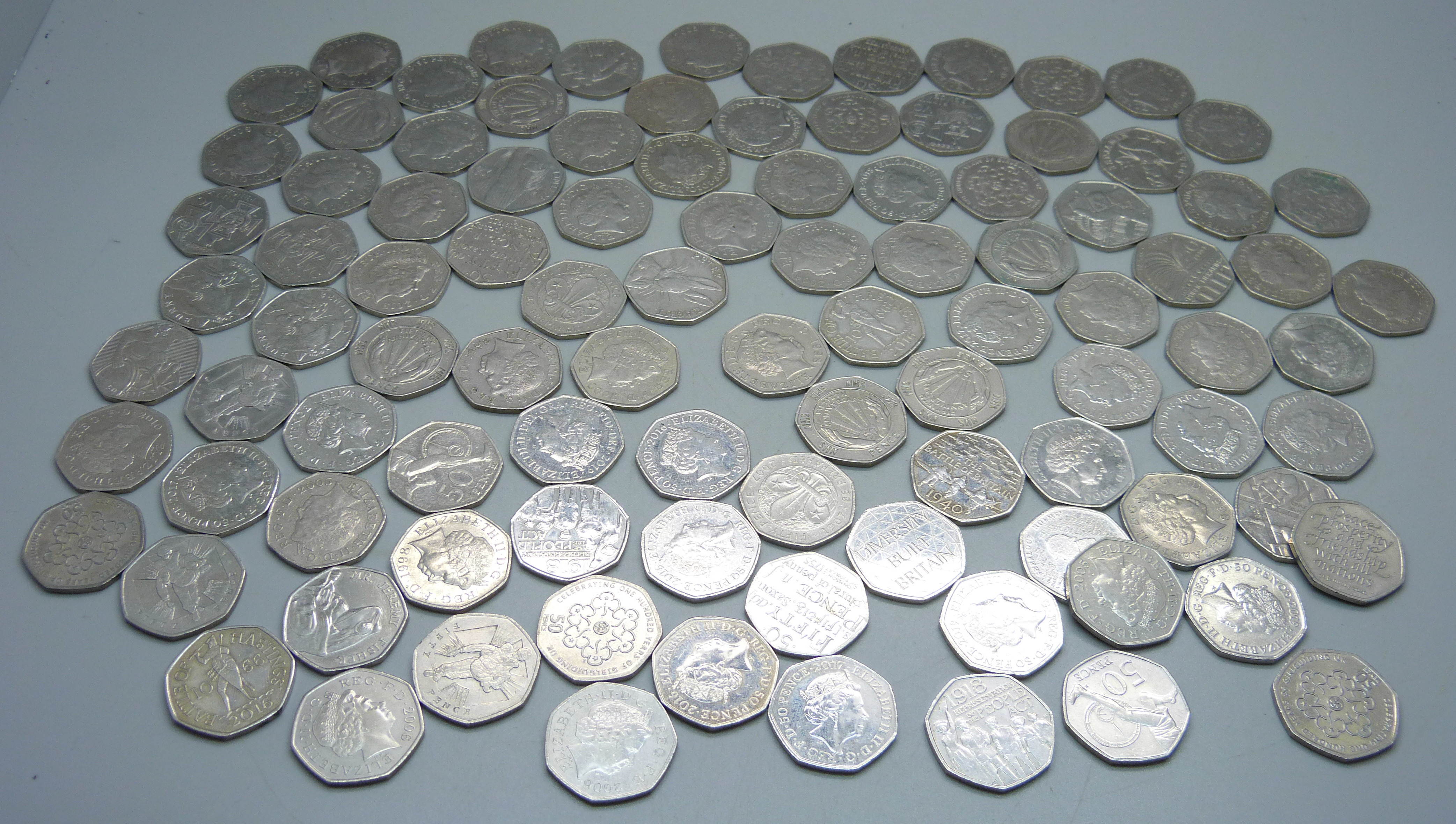 One hundred mixed commemorative 50p coins