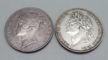 Two silver crowns, George IV 1821 and Victorian 1847