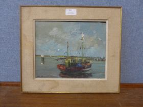 French Impressionist School, fishing trawler in a harbour, oil on canvas, indistinctly signed,
