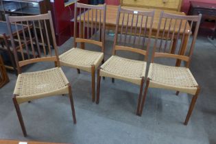 A set of four Danish Mogens Kold teak and paper cord seated chairs, designed by Arne Hovmand Olsen