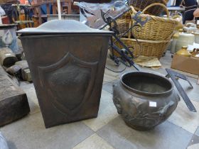 A Japanese Meiji period copper jardiniere and an Arts and Crafts coal bin