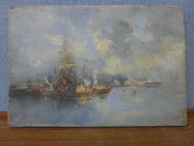 French Impressionist School, ships in a harbour, oil on canvas, indistinctly signed, unframed