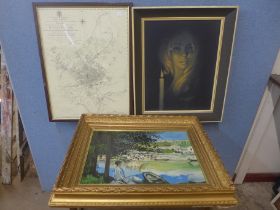 A map of Nottingham, a Stephen Pearson print and a landscape oil painting