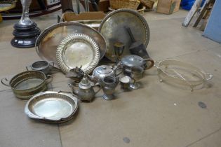 A box of silver plate, pewter, spit roast, etc.