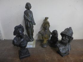 A French Art Nouveau bronze bust of a lady, a cast iron figure of a lady, a cast iron lion and two